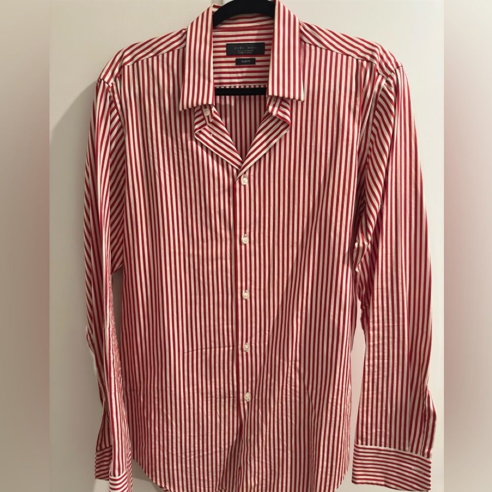 Zara Men Red White Stripped Dress Shirt